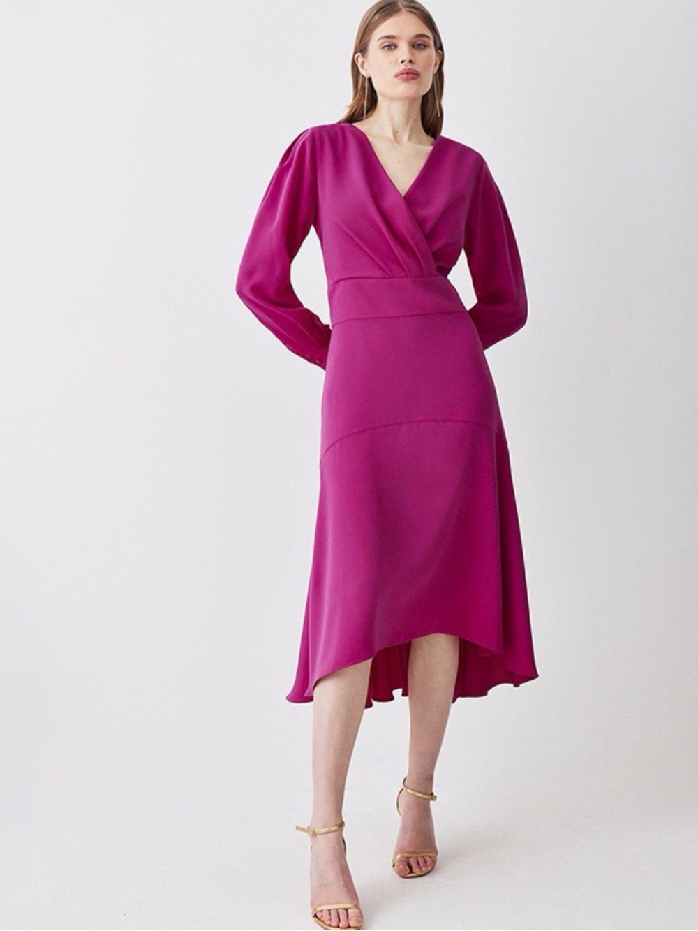 Karen Millen Magenta Wrap Sleeved High Low Midi Dress